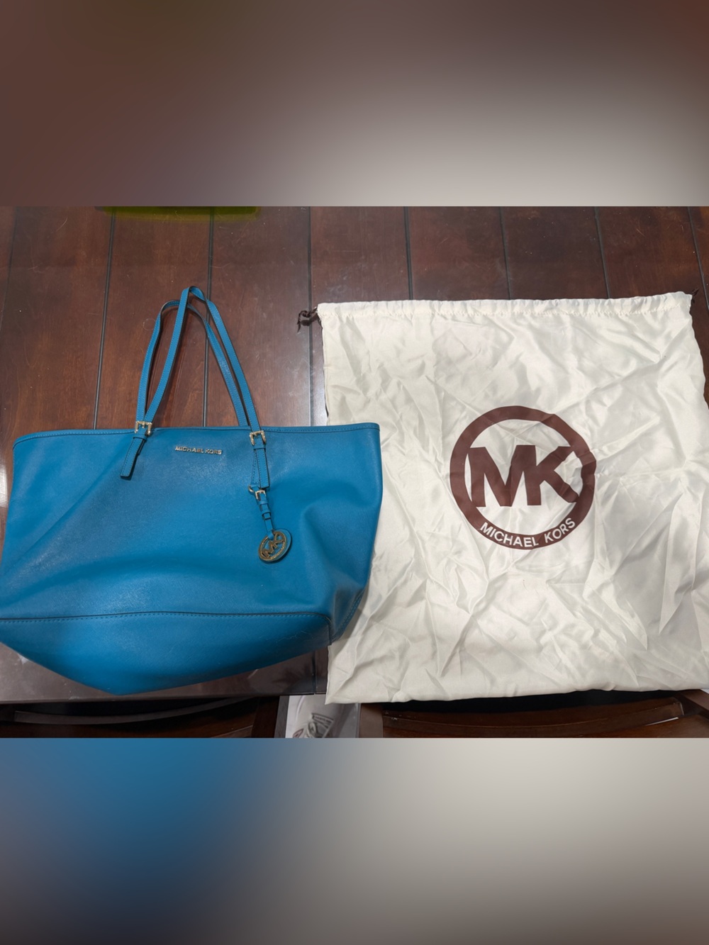 Michael Kors Teal Blue Leather Tote with Gold Hardware